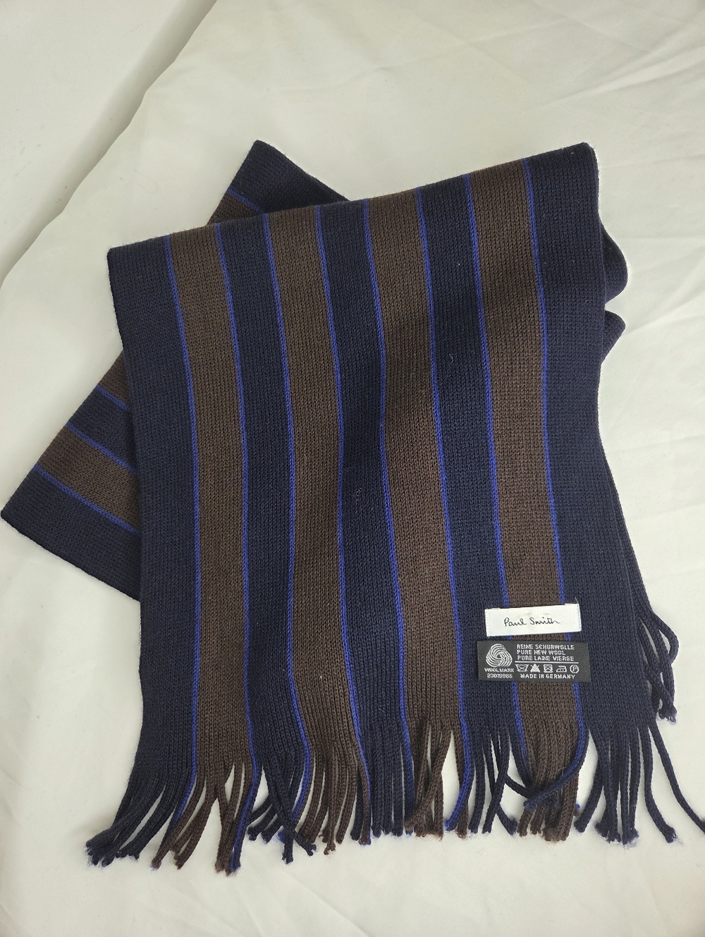 Paul Smith Navy, Brown & Blue Striped Wool Scarf For Men - Picture 2 of 8